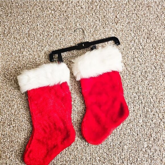Set Of 2 Retro Fuzzy Cloth Red & White Christmas Holiday Stocking. - Picture 9 of 15